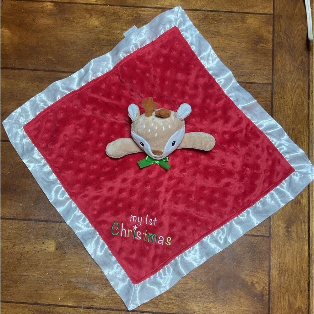 Baby Starters My 1st Christmas Reindeer Plush Rattle Lovey Blanket Satin Red